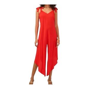 NWT Vince Camuto Vibrant Lobster Red Tie Shoulder V Neck Jumpsuit Sz L